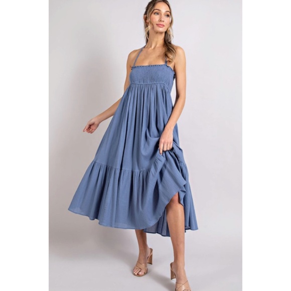 SOLD OUT Denim Blue Smocked Open Back Midi Halter Summer Casual Women's Dress - Picture 2 of 9